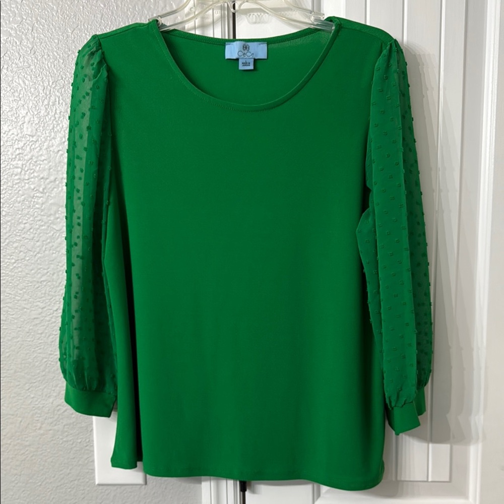 NWOT Cecelia Green Women's Blouse with Textured Sheer Sleeves